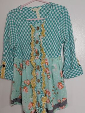 Matilda Jane Teal Gingham and Floral Ruffle Tunic with Yellow Accents
